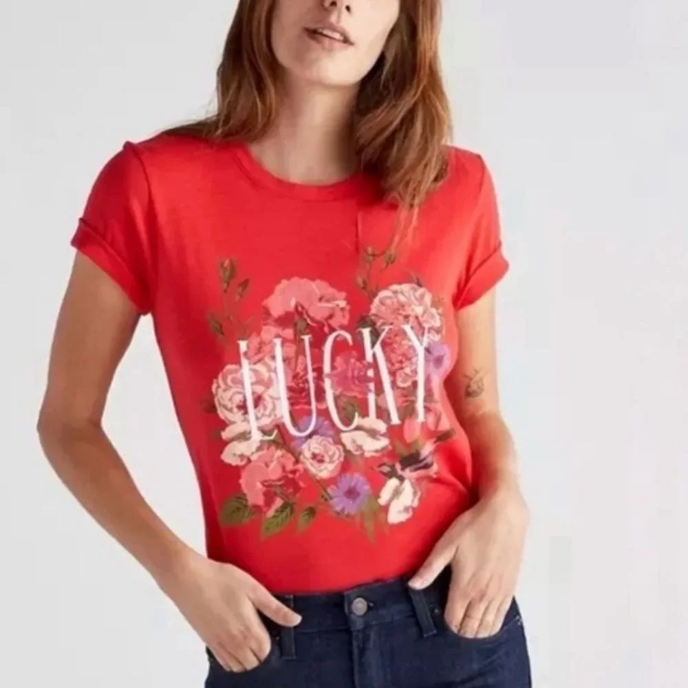 Lucky Brand Floral Graphic Short Sleeve T-Shirt Red Womens Small NEW